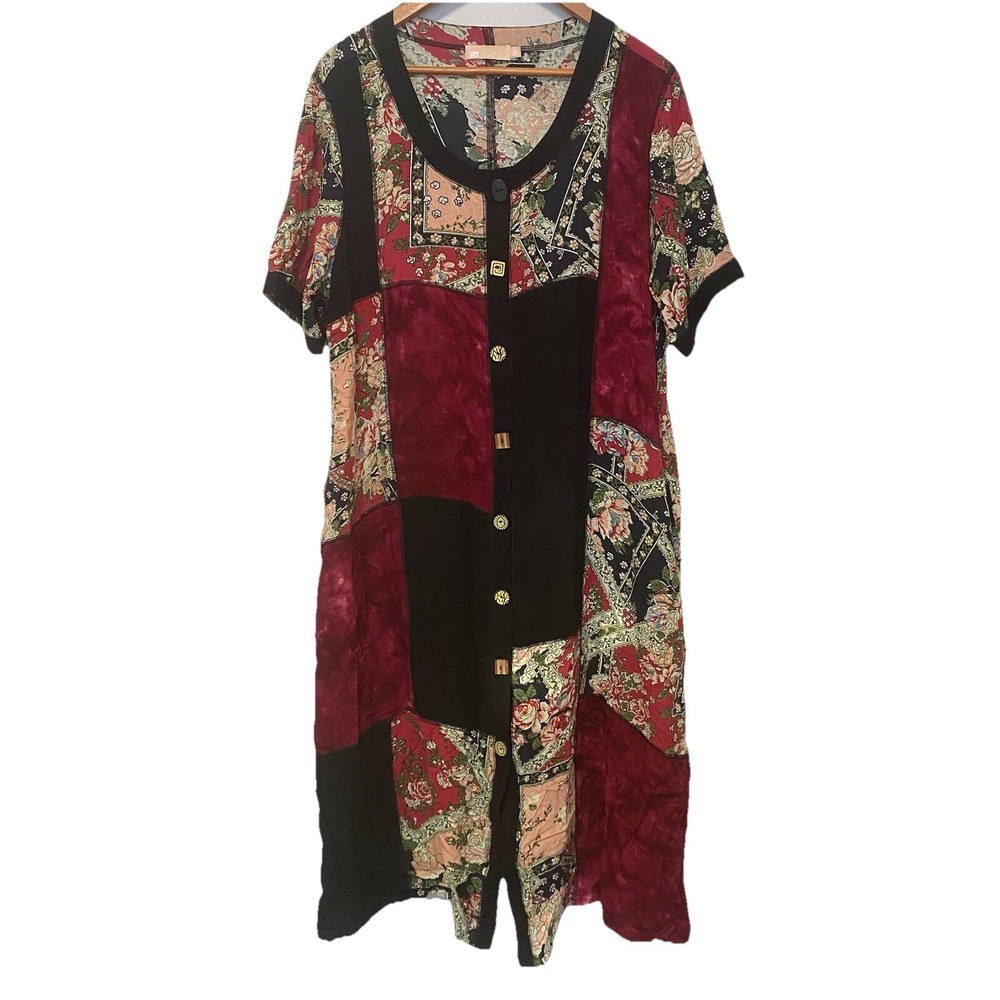 La Cera Patchwork Wearable Art Maxi Dress XL Casual Boxy Boho Hippie Peasant